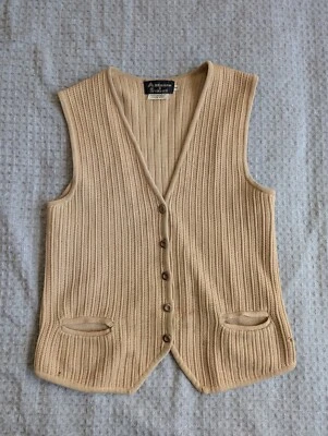 Abraham Straus Sweater Vest Women Small Tan Wool Pockets Button Vintage Brooklyn - Image 1 of 4