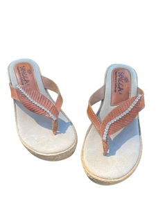 Sbicca Leaf Sandal Jute Leather Platform Wedge Slide Open Back 8 Pre Owned Comfy - Picture 1 of 18