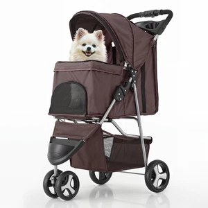 Foldable Dog Stroller with Weather Cover, 3 Wheels, Storage, Mesh, Coffee - Picture 1 of 9