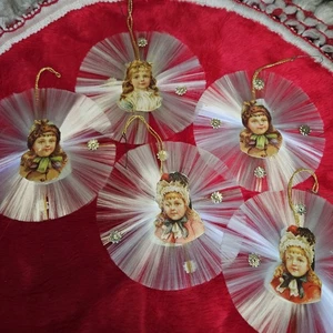 5 Vintage Weihnachten Dresden gesponnenes Glas Ornament junges viktorianisches Mädchen Handarbeit - Bild 1 von 6