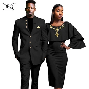 African Couple Clothing Men Blazer Pants Suit and O Neck Knee Length Women Dress - Picture 1 of 19