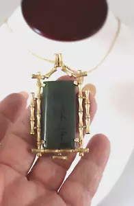 Vintage c1960s -70s 14k Gold GF Real Jade Pendant & Chain Krementz USA Oriental - Picture 1 of 17