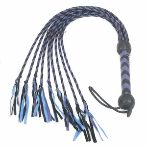 Real Genuine Cow Hide Leather Flogger Cat O Nine Braided Falls Purple & Black - Picture 1 of 3