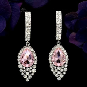 Women Rhodium Plated Pink Crystal Rhinestone Chandelier Drop Dangle Earrings 753 - Picture 1 of 5