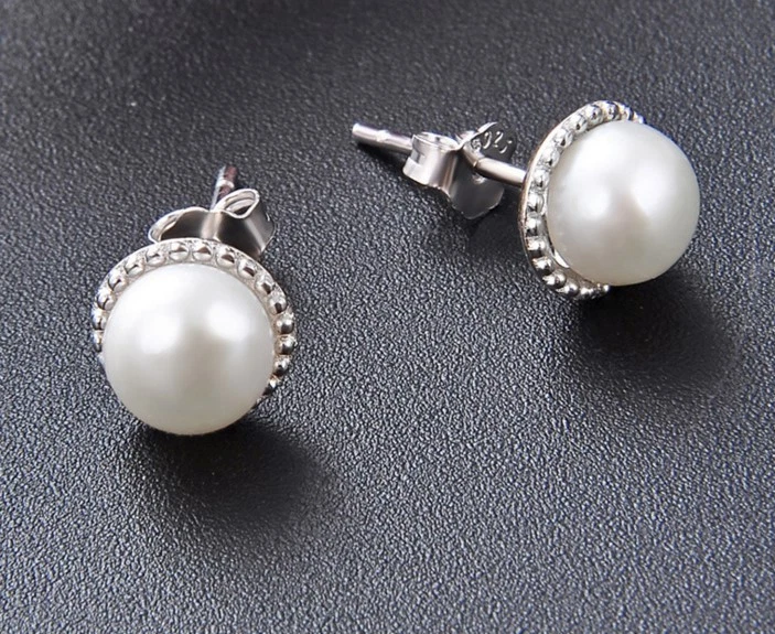 Aretes redondos de plata de ley 925 maciza de 8 mm concha para fregar perlas regalo PE26 Foto 1 de 4