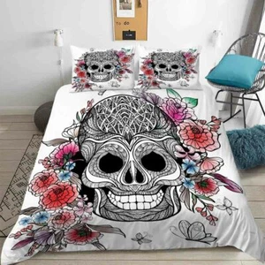 A Skull Surrounded By Flowers 3D Quilt Duvet Doona Cover Set Pillow case Print - Picture 1 of 3