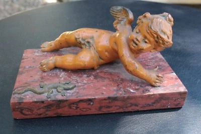 Bronze Scène Angelot jouant avec une Salamandre Amour Chérubin Putti - Photo 1/4