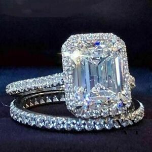 Moissanite Bridal Set Engagement Ring Solid 14K White Gold 3 Carat Emerald Cut