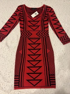 Derek Heart Red Black Geometric Tribal Pint Sweater Dress Bodycon Small - Picture 1 of 5