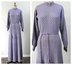 VTG 60s 70s Miss Jo Ann California Lavender Pointelle belted Knit maxi Dress WOW - Picture 1 of 10