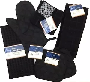 Kitchen Towel Set - Black - Pot Holders, Oven Mitt, Dish Towel, Dish Drying Mat - Picture 1 of 4