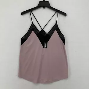 Express Cami Tank Top Women's Medium Pink Black Lace Trim Cross Back Fairy Goth - Picture 1 of 10