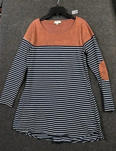 Umgee Shift Dress Womens S Multicolor Striped Elbow Patches Pockets Faux Suede - Picture 1 of 7