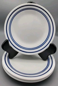 4 Corelle Vitrelle Classic Cafe Blue Stripes on White Bread Dessert Plates 6.75" - Picture 1 of 5