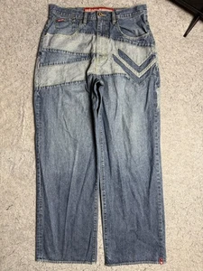 Ecko Unltd Jeans Herren 32 Blau Denim Drucktropfen Patchwork Chevron Streetwear - Bild 1 von 14