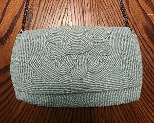 ANTHROPOLOGIE Farin Beaded Clutch Purse Shoulder Bag Flower, Baby Blue - Picture 1 of 9