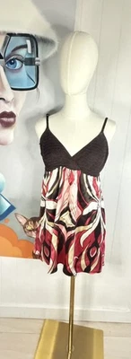 Sexy Mini Vestido Top Túnica Bebe Retro Negro Rojo Floral Cuello en V Seda  Foto 1 de 4