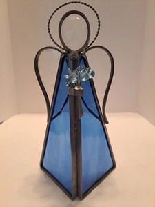 Vintage Blue Stained Glass Angel Wi Flowers Free Standing Handcrafted Xmas Decor - Picture 1 of 7