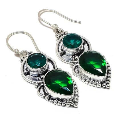 Pendiente antiguo hecho a mano con piedras preciosas de turmalina verde azulado y diopsido cromado 2,0" S612 Foto 1 de 4