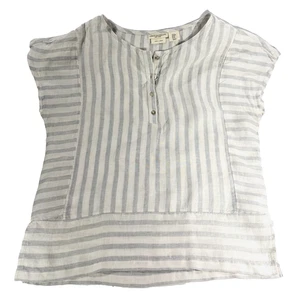 Christian Siriano Stripped Short Sleeve Top 100% Linen Women's Medium 1/4 Button - Picture 1 of 11