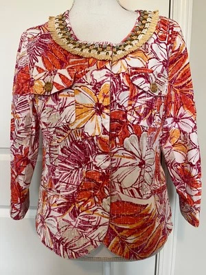 Ruby Rd Floral Beaded Jacket Womens M Multicolor Tropical Print Cotton Blend - Image 1 of 4