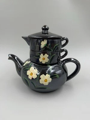Teapot Stackable Floral Blue & Cream Pottery Ceramic Made In Japan Vinatge - Image 1 of 4