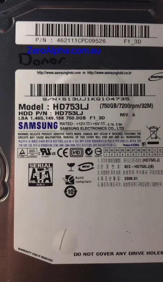 HD753LJ Samsung Donor Hard Drive, PN: 462111CPC09526, 1AA01109 - Image 1 of 1