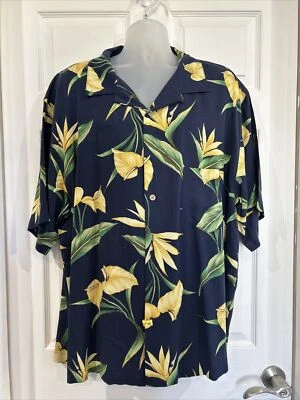Camisa Top Montego Mon Seda Abotonada Azul Hawaiano y Amarillo Floral Campamento XXL Foto 1 de 4