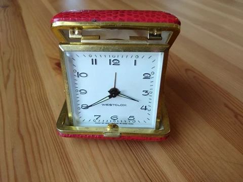 WORKS Vintage 1960 Westclox Travel Alarm Clock Manual Wind Red Case Mid Century Cover