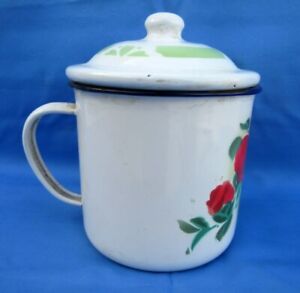 Vintage Old Rare White Enamel Porcelain Flower Print Coffee Tea Cup Pot With Lid