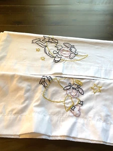 hand embroidered pillow cases cow jumped over the moon/tooth fairy - Picture 1 of 19
