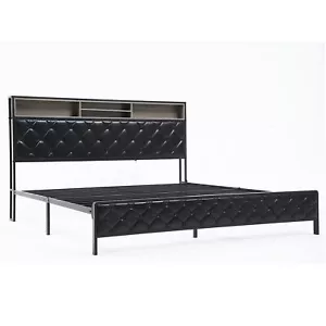 Queen Size Bed Frame Platform Bed Frame w/Charging Station+Upholstered Headboard - Picture 1 of 10
