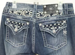 Miss Me Jeans Womens 28 (Act 30x34) Blue Signature Bootcut Low Rise Bling Pocket - Picture 1 of 11