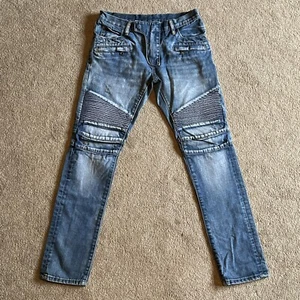 BALMAIN PARIS Mens Moto Jeans Distressed Ribbed Zipper Pockets Japan Size 32x32 - Picture 1 of 18