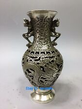 Tibet Silver Handwork Carved Dragon and Phoenix Hollow Vase W Xuande Marks