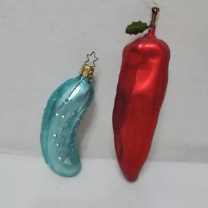 Pickle and Pepper Vintage Glass Christmas Tree Ornaments Red Teal Veggie Decor - Picture 1 of 7