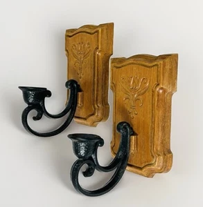 Vtg 1982 Homco Home Interiors Faux Wood Candle Wall Sconces - Picture 1 of 7