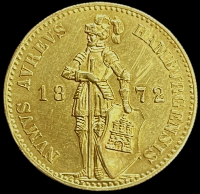 1872 B GOLD GERMAN STATES HAMBURG FREE CITY ARMORED KNIGHT DUCAT COIN - Image 1 of 2