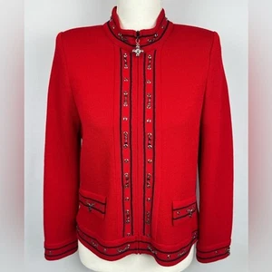 St. John Vintage Red Knit Jacket Santana Knit Silver Chain Detail Full Zip Sz 4 - Picture 1 of 12