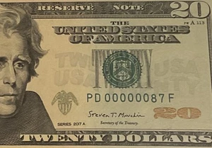 2017 A $20 LOW 2 DIGIT SERIAL NUMBER (( 000000 87 )) US paper money uncirculate - Picture 1 of 3