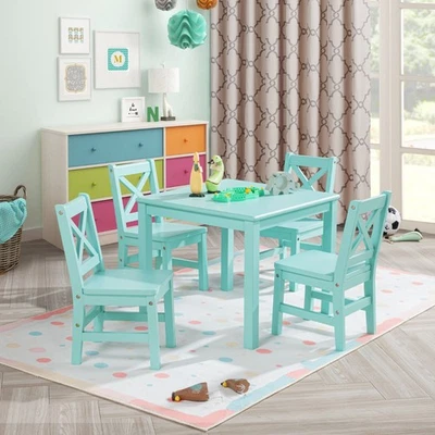 eHemco 5 Piece Solid Hard Wood Kids Table and 4 X-Back Chairs Set (Collectible) - Image 1 of 4