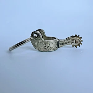Vintage Engraved Silver Brass Spur Keychain Key Ring Horse Cowboy Western Korea - Picture 1 of 19