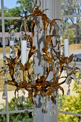 Italian 1960s Gilt Metal and Crystal 4 light Chandelier 18 tall x 14 wide - Image 1 of 4