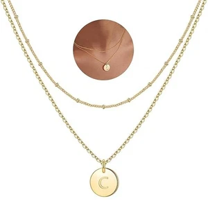 Initial C Necklace Gold 2 x Layered Necklaces Coin Engraved Nickle Lead FREE - Picture 1 of 7