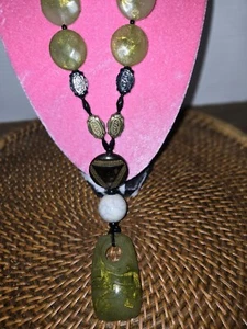 Jade Green Gemstone Necklace 22in Long Boho Artisan 80s Fashion Costume Jewelry - Picture 1 of 15