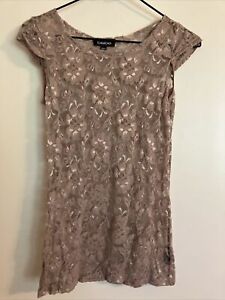 Bebe Cap Sleeve Top Womens Size Small Light Tan Stretch Lace