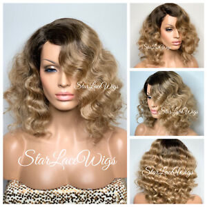 Short Wavy Curly Women Wigs Blonde Bob Synthetic Cosplay Wig US Dark Roots 