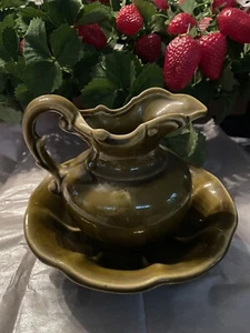 Vintage McCoy Pitcher & Bowl Pottery Avocado Green Set Ceramic Stoneware Glazed - Picture 1 of 8