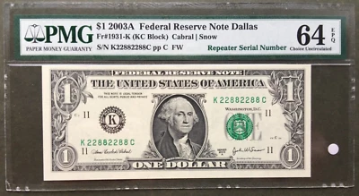 2003A $1 FRN DALLAS 🛑PMG EPQ🛑 FANCY BINARY REPEATER   2  2  8  8  2  2  8  8 - Image 1 of 3