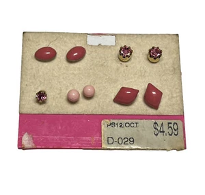 Lot Vintage NOS Earrings 80'S Pink Enamel Stud Rhinestone Dainty Girly R8 - Picture 1 of 6